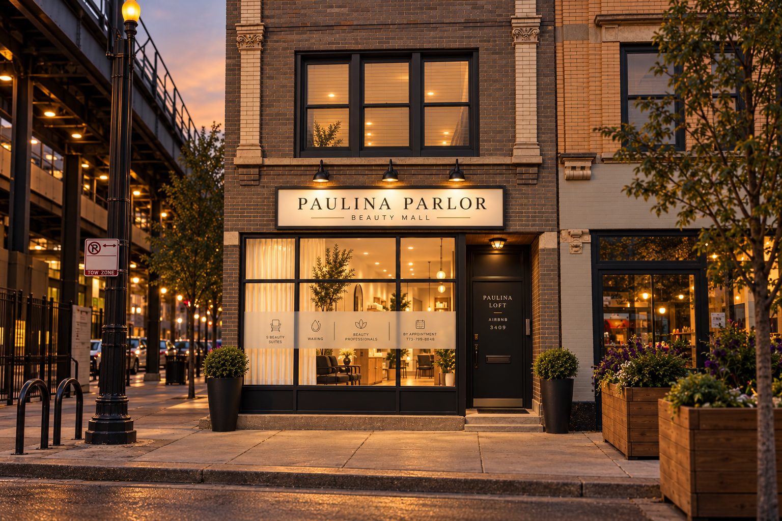 Paulina Parlor storefront at dusk on N Paulina Street